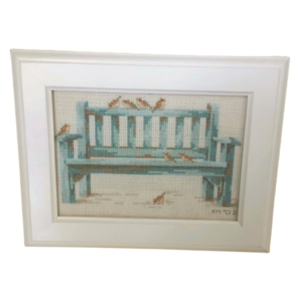 Vintage Cottagecore Teal Blue Bench Cross Stitch Framed Picture Wall Art